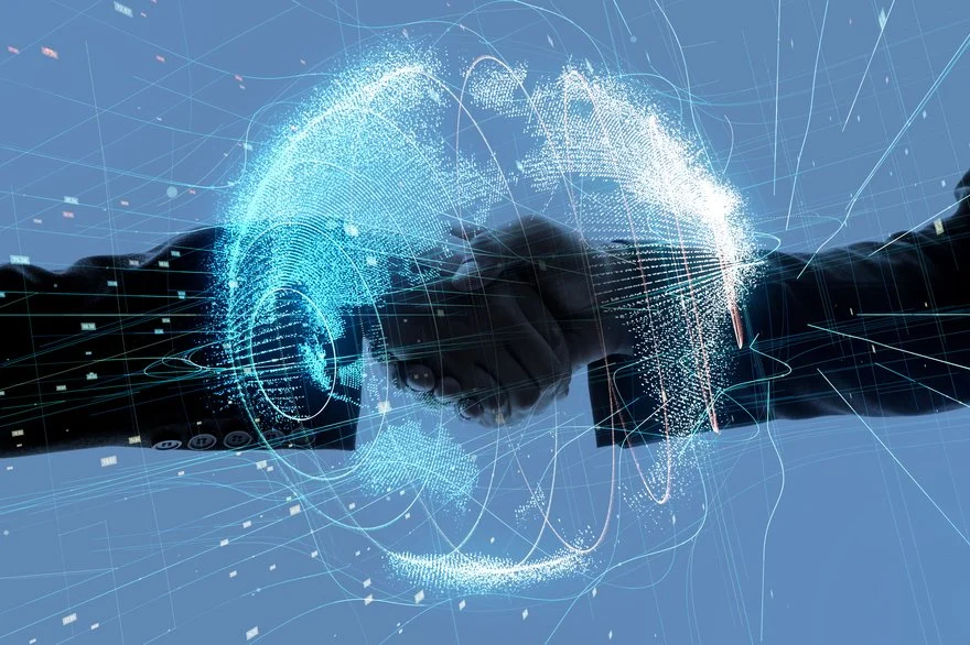 Representación digital de un acuerdo de colaboración empresarial y transformación tecnológica basada en conectividad global.