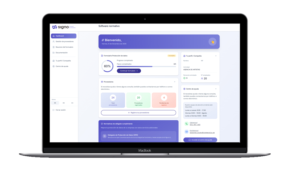 Dashboard del software de protección de datos Signo de Conversia